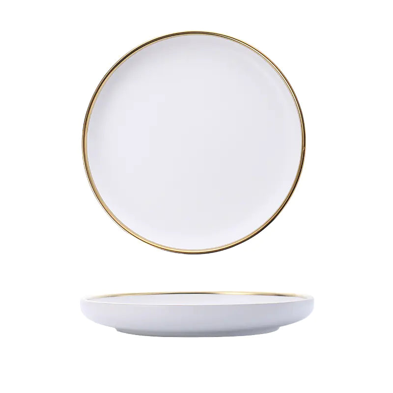 Black and White Round Ceramic Plate Set with Cutlery