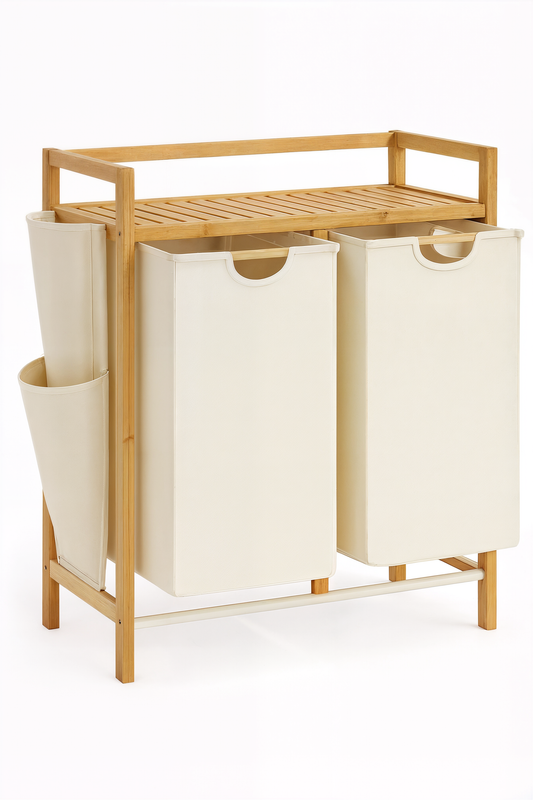 SONGMICS Laundry Basket with 2 Compartments, Bamboo Laundry Basket, 100 Litre Capacity with Shelf, Side Pockets, 2 x 50 L, 63 x 33 x 78 cm, Cream White RLH100W01
