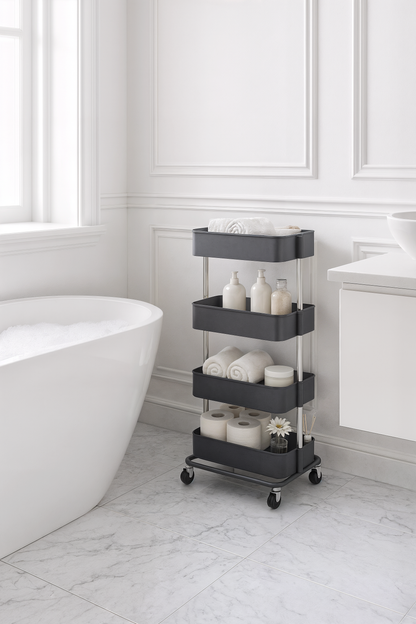 SONGMICS 4-Tier Slide Out Storage Trolley, Rolling Cart on Wheels, Space-Saving Narrow Kitchen Bathroom Trolley, 40 x 12.5 x 86 cm, Grey KSC008G01