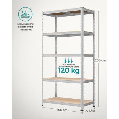 SONGMICS 5-Tier Shelving Units, Set of 2 Steel Shelving Units for Storage, Tool-Free Assembly, for Garage, Shed, Load Capacity 600 kg, 50 x 100 x 200 cm, Silver GLR050E02