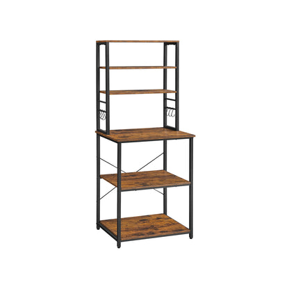VASAGLE Kitchen Shelf, Standing Shelf for Kitchen, Microwave Shelf, Standing, 6 Shelves and 6 Hooks, for Microwave, Steel Frame, Industrial Design, 40 x 60 x 167 cm, Vintage Brown/Black KKS024B01