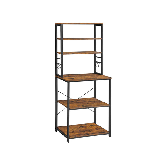 VASAGLE Kitchen Shelf, Standing Shelf for Kitchen, Microwave Shelf, Standing, 6 Shelves and 6 Hooks, for Microwave, Steel Frame, Industrial Design, 40 x 60 x 167 cm, Vintage Brown/Black KKS024B01