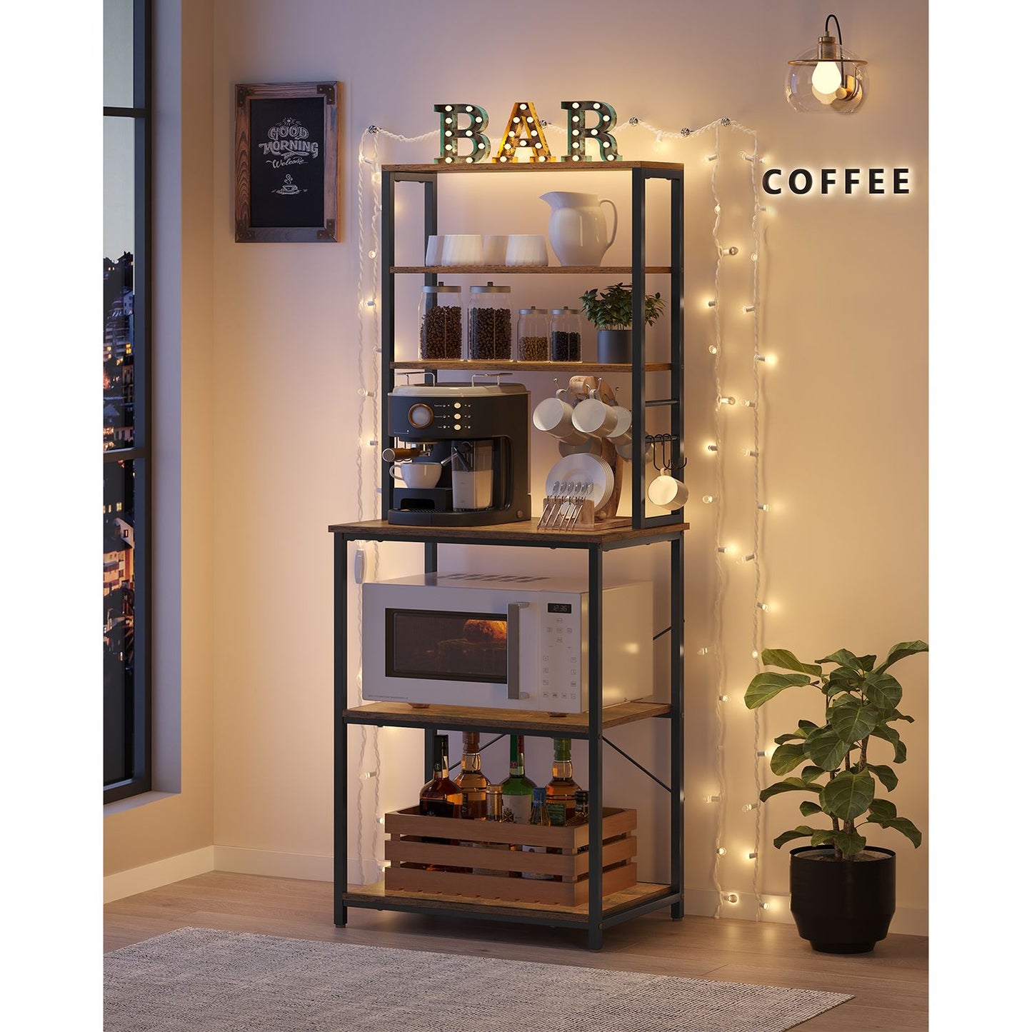 VASAGLE Kitchen Shelf, Standing Shelf for Kitchen, Microwave Shelf, Standing, 6 Shelves and 6 Hooks, for Microwave, Steel Frame, Industrial Design, 40 x 60 x 167 cm, Vintage Brown/Black KKS024B01
