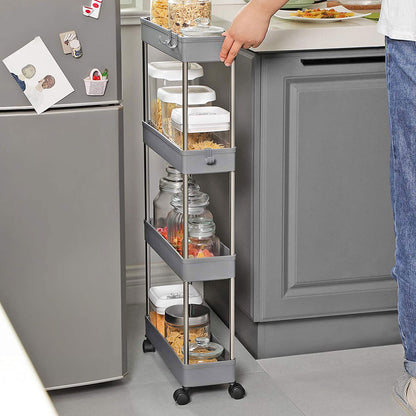 SONGMICS 4-Tier Slide Out Storage Trolley, Rolling Cart on Wheels, Space-Saving Narrow Kitchen Bathroom Trolley, 40 x 12.5 x 86 cm, Grey KSC008G01