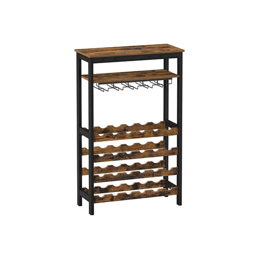 SONGMICS Wine Rack 24 Wine Bottles Standing Bottle Rack with Glass Holders for Kitchen Bar Dining Room Vintage Brown Black KWR028B01