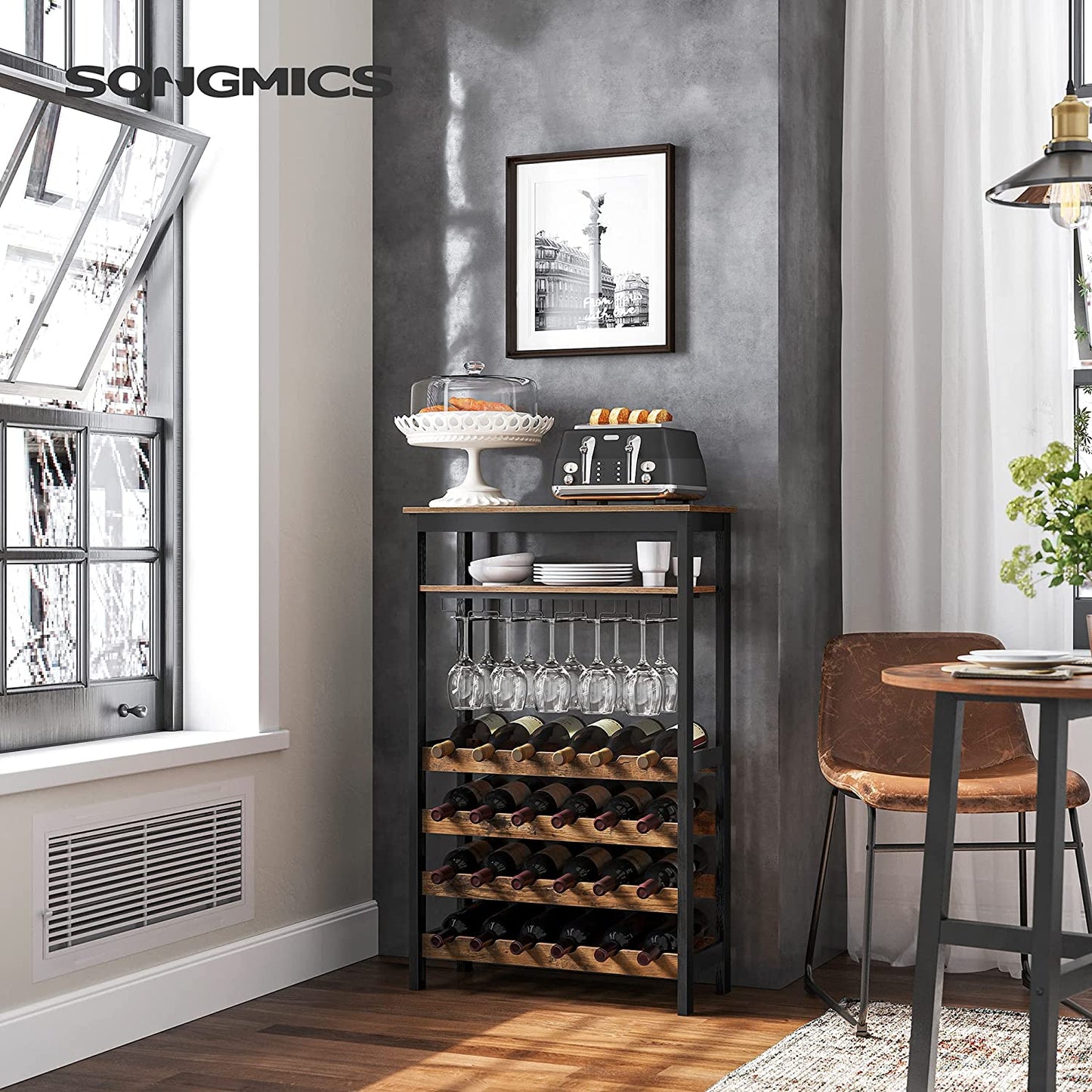 SONGMICS Wine Rack 24 Wine Bottles Standing Bottle Rack with Glass Holders for Kitchen Bar Dining Room Vintage Brown Black KWR028B01