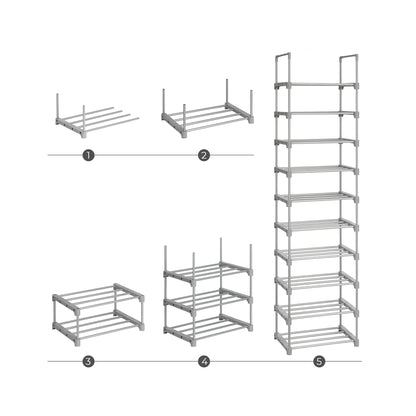 SONGMICS Shoe Rack, 10-Tier Metal Shoe Storage Organiser, Customisable Design, Metal Frame, Space-Saving Rack, for Dressing Room, Hallway, 30 x 45 x 174 cm, Grey LSA025G02