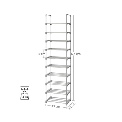 SONGMICS Shoe Rack, 10-Tier Metal Shoe Storage Organiser, Customisable Design, Metal Frame, Space-Saving Rack, for Dressing Room, Hallway, 30 x 45 x 174 cm, Grey LSA025G02