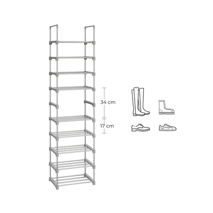 SONGMICS Shoe Rack, 10-Tier Metal Shoe Storage Organiser, Customisable Design, Metal Frame, Space-Saving Rack, for Dressing Room, Hallway, 30 x 45 x 174 cm, Grey LSA025G02