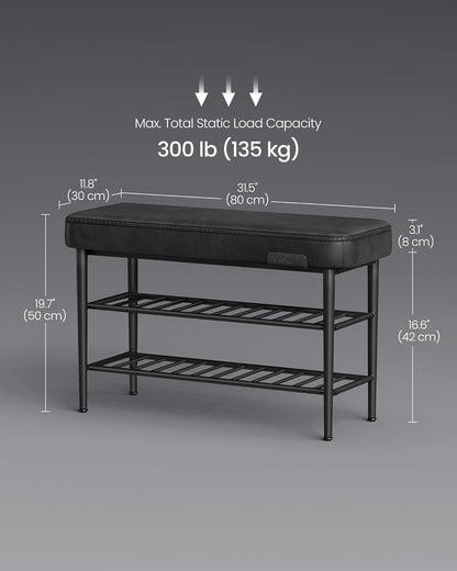 VASAGLE EKHO Collection LSB054B01 Shoe Bench, Seat, Entrance Area, Faux Leather, Seams, 60s Style, Modern, Maximum Load 135 kg, 30 x 80 x 50 cm, Ink Black