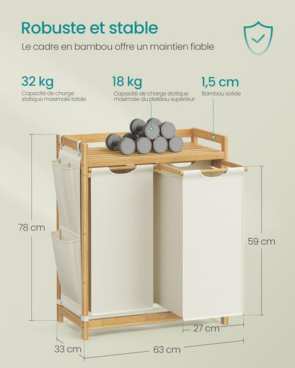 SONGMICS Laundry Basket with 2 Compartments, Bamboo Laundry Basket, 100 Litre Capacity with Shelf, Side Pockets, 2 x 50 L, 63 x 33 x 78 cm, Cream White RLH100W01
