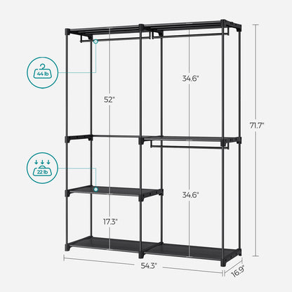 SONGMICS Clothes Wardrobe, Portable Closet, Clothes Garment Rack, 43 x 138 x 182 cm, 3 Hanging Rods and Shelves, Large Capacity for Bedroom, Living Room, Laundry Room, Black RYG025B02
