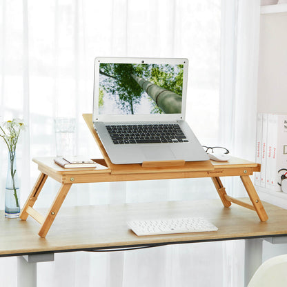 SONGMICS Bamboo Laptop Desk, Foldable Bed Table, for Left-hander, Right-hander, Height Adjustable Sofa Tray, 72 x (21-29) x 35 cm (B x H x T), with 5 Tilting Angles, Air Holes, Small Drawer LLD004