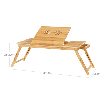 SONGMICS Bamboo Laptop Desk, Foldable Bed Table, for Left-hander, Right-hander, Height Adjustable Sofa Tray, 72 x (21-29) x 35 cm (B x H x T), with 5 Tilting Angles, Air Holes, Small Drawer LLD004