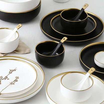 Black and White Round Ceramic Plate Set with Cutlery