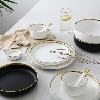 Black and White Round Ceramic Plate Set with Cutlery