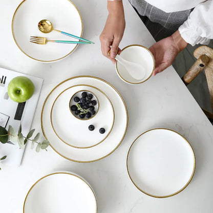 Black and White Round Ceramic Plate Set with Cutlery